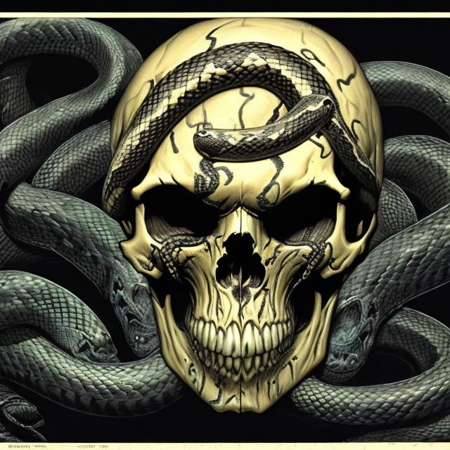 Prompt: a skull with a snake slithering in and out of each eye slowly turning the whole skull black and dimmed