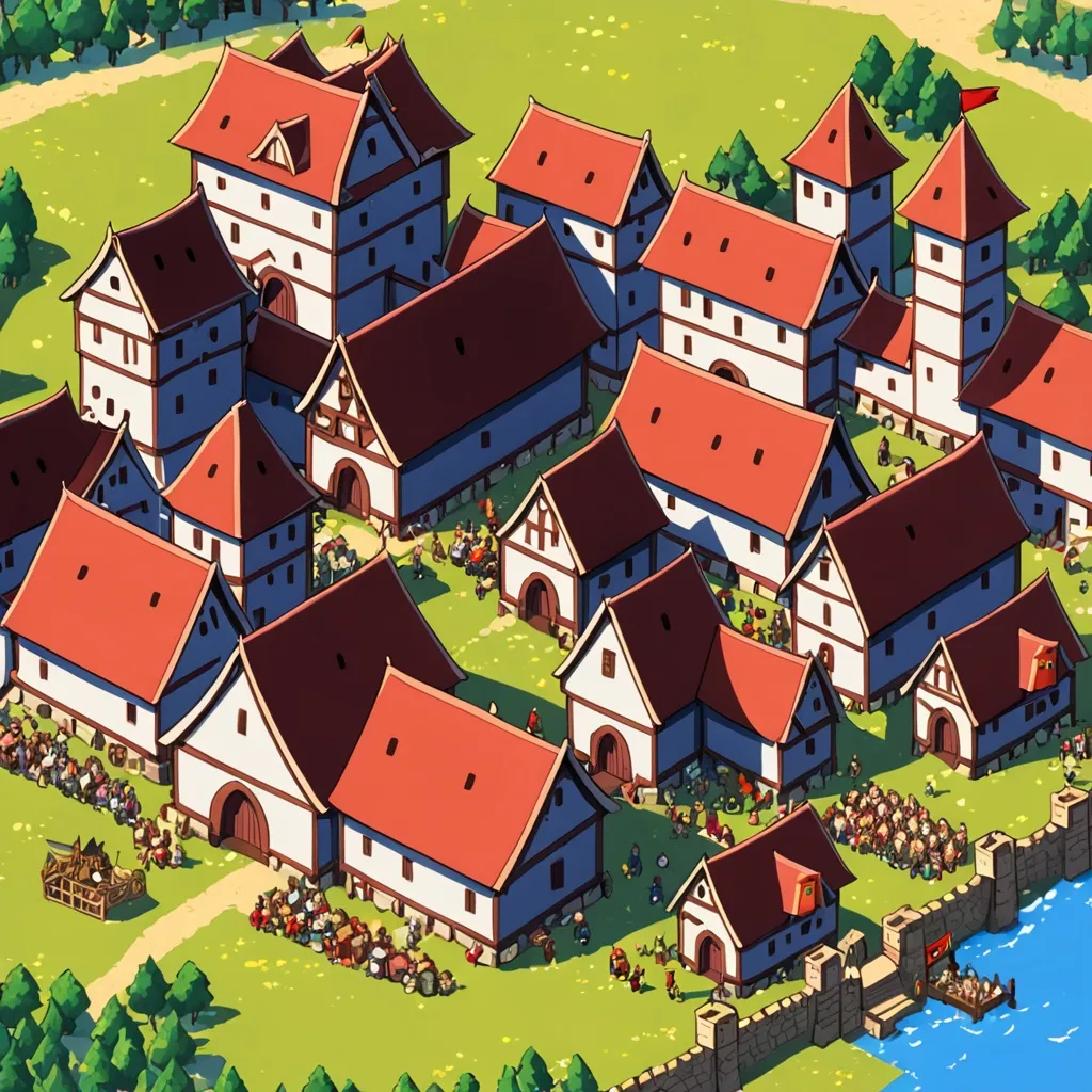 Prompt: Anime, mighty village, central castle , busy population, barracks, red roof on all houses