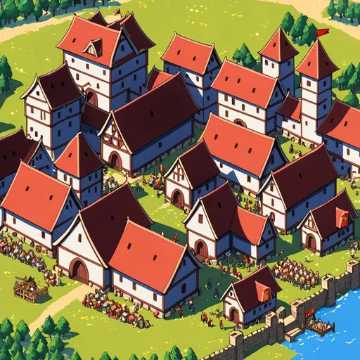 Prompt: Anime, mighty village, central castle , busy population, barracks, red roof on all houses