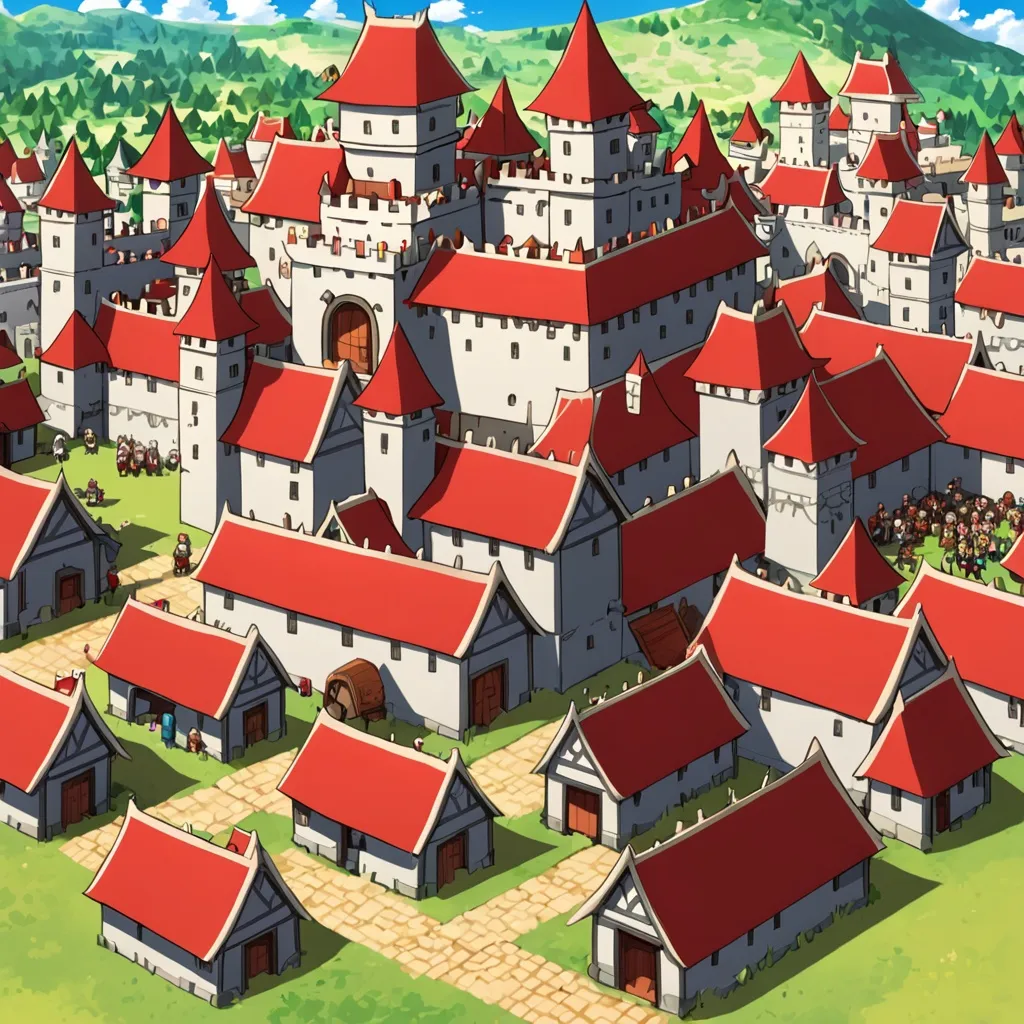 Prompt: Anime, mighty village, central castle , busy population, barracks, red roof on all houses