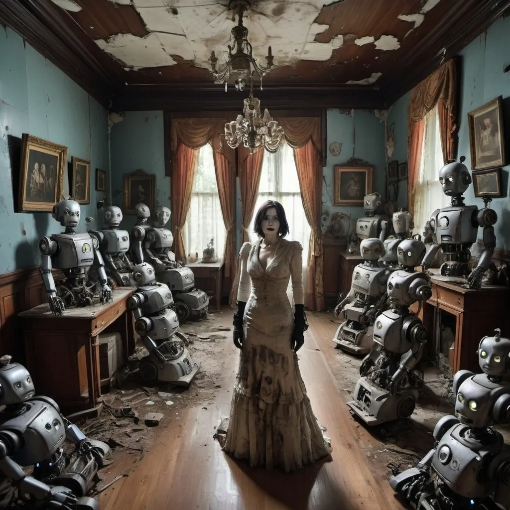 Prompt: mansion of decayed robots and a crazy woman


