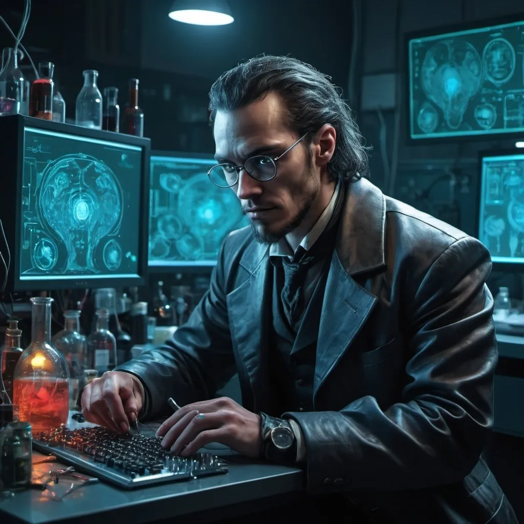 Prompt: 
A cyberpunk image of a linguist/computer scientist sitting in a lab where he wraps up the old Jekyll and Hyde test he has been doing to himself with alocohol and other psychedelic materials  and genuinely commits himself in making AI speak based on a Sapir-Whorf type of ideas and other post-colonial views, so in a nutshell create an ex-prodigal that finally proves himself as a prodigy in the lab.