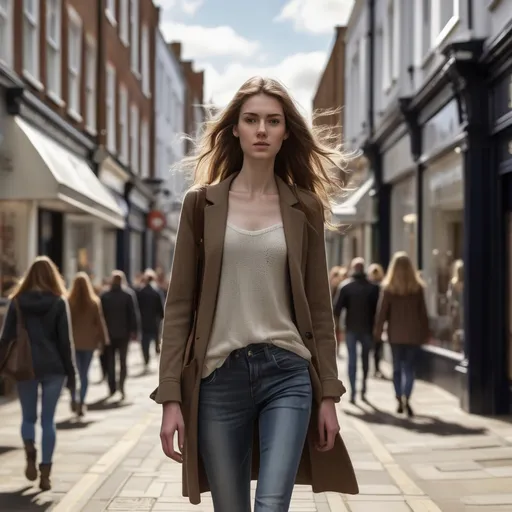 Prompt: Tall young woman walking down the high street, detailed clothing, realistic, natural lighting