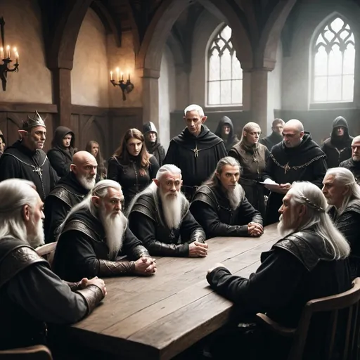 Prompt: group of old elves in a medieval setting wearing dark clothing that are at council discussing political intrigues in a large room with levels.