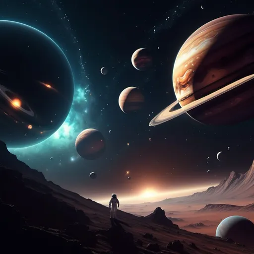 Prompt: - **Background**: A dark, starry outer space scene with a distant view of planets, a glowing nebula, and galaxies.
- **Foreground**: A spacecraft or astronaut floating near a large planet (such as Jupiter or Saturn), with the spacecraft headed toward the deep unknown.
- **Text**: The title of the video in bold, futuristic font, placed near the top or bottom of the image. The text can have a glowing or metallic effect to match the space theme.
- **Colors**: Use a mix of deep blues, purples, and blacks to represent the vastness of space, with accents of bright white or orange from stars, planets, or the spacecraft's lights.