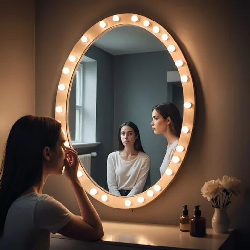 Prompt: 
A conceptual image symbolizing self-awareness and self-discovery, featuring a person gazing into a mirror that shows more than just their physical appearance—perhaps a symbolic representation of their thoughts or emotions is reflected as well.