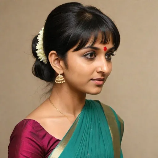 Prompt: Indian woman from a side angle, dressed in a saree. Her hairstyle should feature a mid-back ponytail with short, side combed choppy side fringes. She has thick, wavy, and extra-short bangs that are combed from the left side to the right. The bangs are partitioned from the line behind the ears and layered upwards from the left side of head to right side, with a partition running across the center of the head to the right. The bangs are sectioned from far back on her head and resemble the style of Sudha Baragur.
Focus on bangs while creating.
Create only side swept bangs which is combed from left side of head to right side.