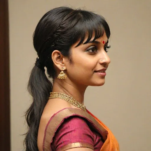 Prompt: Indian woman from a side angle, dressed in a saree. Her hairstyle should feature a mid-back ponytail with short, side combed choppy side fringes. She has thick, wavy, and extra-short bangs that are combed from the left side to the right. The bangs are partitioned from the line behind the ears and layered upwards from the left side of head to right side, with a partition running across the center of the head to the right. The bangs are sectioned from far back on her head and resemble the style of Sudha Baragur.
Focus on bangs while creating.
Create only side swept bangs which is combed from left side of head to right side. The entire hair of side bangs are cropped and combed towards right side of head.