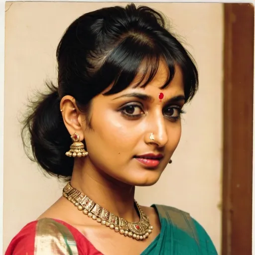 Prompt: Indian woman from a side angle, dressed in a saree. Her hairstyle should feature a mid-back ponytail with short, side combed choppy side fringes. She has thick, wavy, and extra-short bangs that are combed from the left side to the right. The bangs are partitioned from the line behind the ears and layered upwards from the left side of head to right side, with a partition running across the center of the head to the right. The bangs are sectioned from far back on her head and resemble the style of Sudha Baragur.