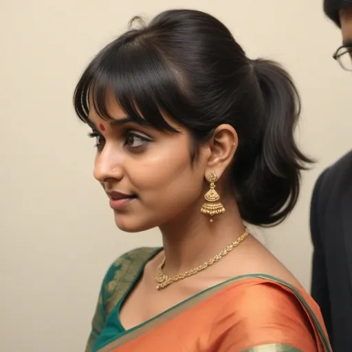 Prompt: Indian woman from a side angle, dressed in a saree. Her hairstyle should feature a mid-back ponytail with short, side combed choppy side fringes. She has thick, wavy, and extra-short bangs that are combed from the left side to the right. The bangs are partitioned from the line behind the ears and layered upwards from the left side of head to right side, with a partition running across the center of the head to the right. The bangs are sectioned from far back on her head and resemble the style of Sudha Baragur.
Focus on bangs while creating.
Create only side swept bangs which is combed from left side of head to right side.