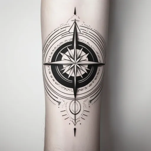 Prompt: 
"A dynamic and geometric black and white tattoo design for a forearm, on a plain white background. The style is abstract and illustrative fine-line blackwork.
The central focus is a stylized, circular medallion. Inside the medallion is a modern, graphic fusion of the Sanskrit 'Maa' symbol and a Trishula (trident). This medallion is also a compass, with cardinal points marked by small symbols.
The entire border of this circular medallion is formed by flowing Sanskrit calligraphy.
Above the central medallion, the design flows into the Scales of Justice. One scale pan holds a stylized great wave, while the other holds a peaceful forest scene. Another line of Sanskrit calligraphy is written along the horizontal beam of the scales.
Below the central medallion, the design terminates in a human skull from which beautiful flowers and vines are growing.
The entire piece is connected by clean, sweeping geometric lines, arcs, and planetary orbits, giving it a celestial and architectural feel. The image is a high-contrast black ink drawing, with no color, on a solid white.
For tattoo in my lower arm
