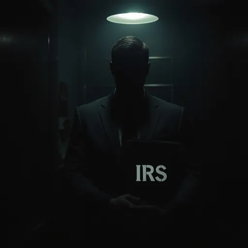 Prompt: A dark, shadowy figure in a business suit standing under a single overhead light. The figure is faceless and menacing, partially obscured in shadow. In one hand, they hold a black folder stamped with bold white letters “IRS.” The atmosphere is tense and intimidating, with a dim, moody background suggesting a government office. High contrast lighting, cinematic style.