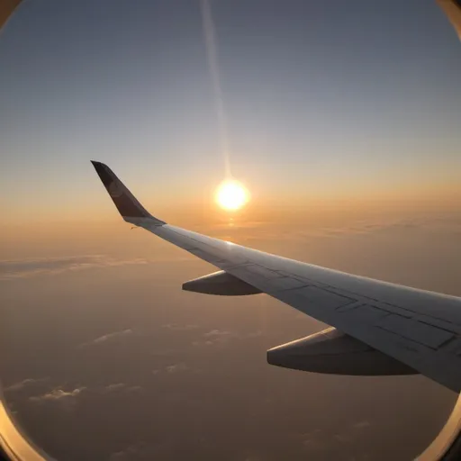 Prompt: 1st person view, looking out of a first class plane window, the sky is clear and the sun is about to set. 