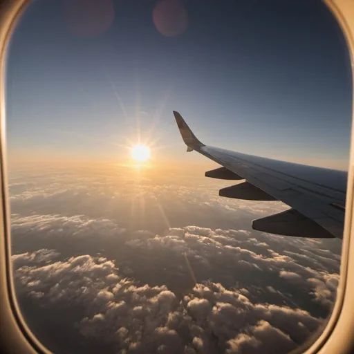 Prompt: 1st person view, looking out of a first class plane window, the sky is clear and the sun is about to set. 