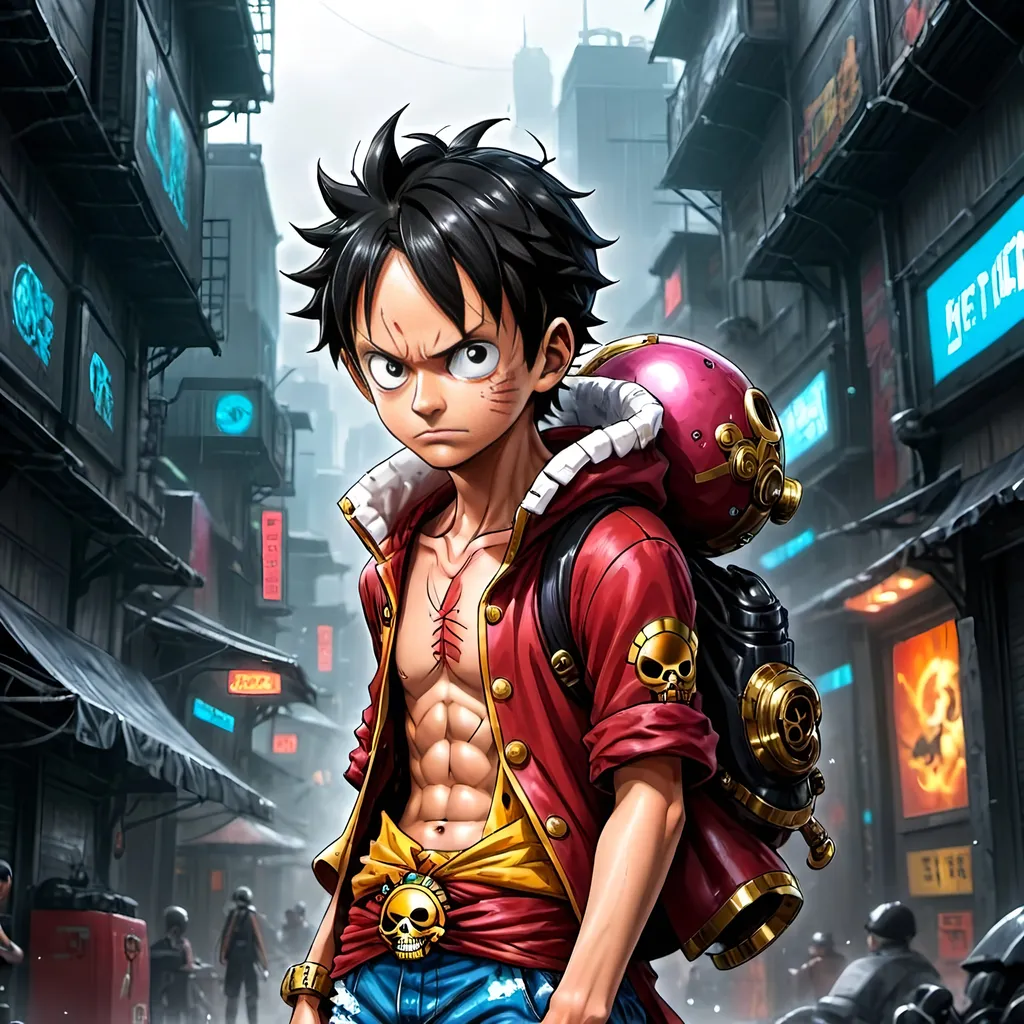 Prompt: One piece Luffy to cyberpunk gear 5