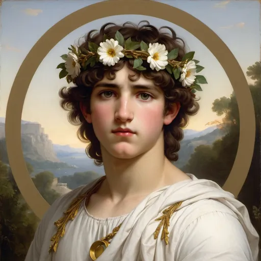 Prompt: a painting of god antinous with a wreath on his head and a white shirt on his body and a gold circle behind him, Élisabeth Vigée Le Brun, neoclassicism, bouguereau, a fine art painting