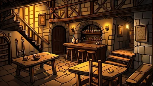 Prompt: Cartoon drawing of inside Old medieval pub with stairs on the background by night and chickens on the table
