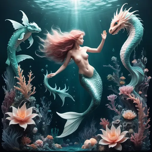 Prompt: can you please generate a  beautiful, gentle, whimsical deep sea scene with mermaids, water sprites, and water dragons that embodies the Divine Feminine?