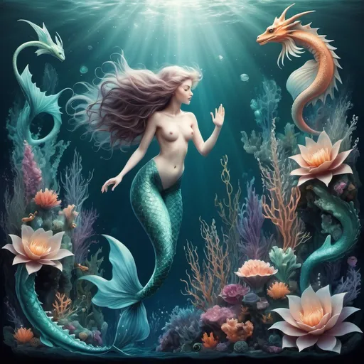 Prompt: can you please generate a  beautiful, gentle, whimsical deep sea scene with mermaids, water sprites, and water dragons that embodies the Divine Feminine?