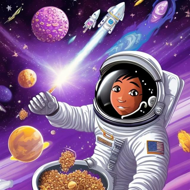 Prompt: astronaut eating purple cereal in space, cereal box  
