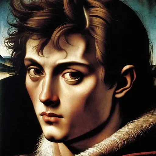 Prompt: detaild  portrait of a young beautiful alain delon face renaissance art painting style Caravaggio, Davinci, Bosch, Jan van Eyck, roman greek art details surreal demons nightmare, dark misterious look, heaven and hell fighting behind