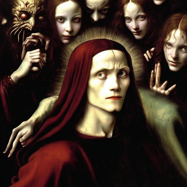 Prompt: dramatic aesthetic young 16yo lucifer face smiling scary creepy look in his red eyes renaissance art painting style Davinci, Bosch, Jan van Eyck, mistic roman greek decoration surreal demons nightmare 