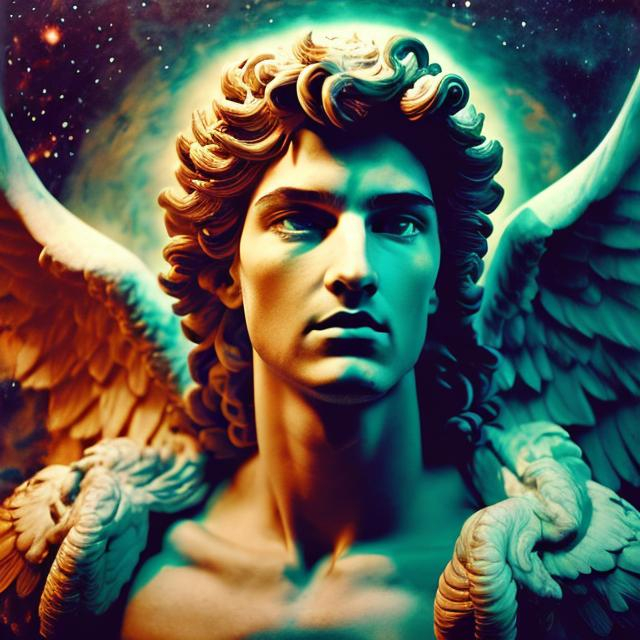 Prompt: dreamy sensual very masculine adam by michel angelo greek statue, celestial vibes, polaroid paper effect, dramatic detailed scene, cosmic nature. atmospheric ambient