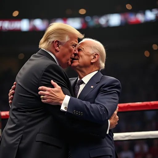 Prompt: Make me a image of Donald Trump, putting Joe Biden in a chokehold in a boxing ring