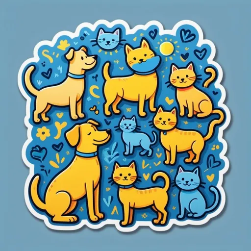 Prompt: (2D) (flat) doodle illustration of a dogs and cats, whimsical style, playful lines and colors, vibrant hues of blue and yellow, cheerful and lighthearted atmosphere, sketchy, cute design elements, fun patterns in the background, ultra-detailed finish, high-quality artwork, imaginative and creative elements dancing around the dogs and cats, visually engaging composition.