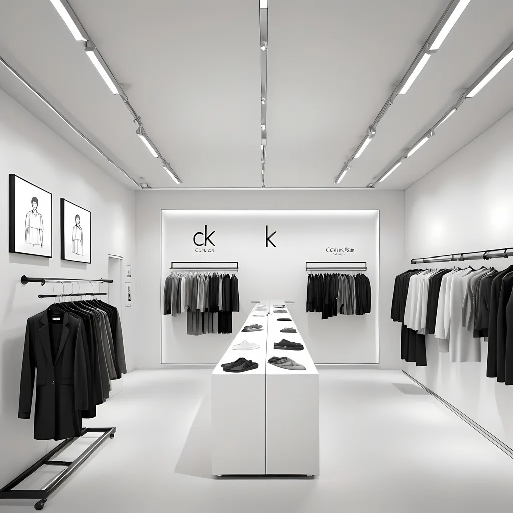 Prompt: Create a drawing for a Calvin Klein retail space offering a clothes customising area and disabled and wheelchair friendly 