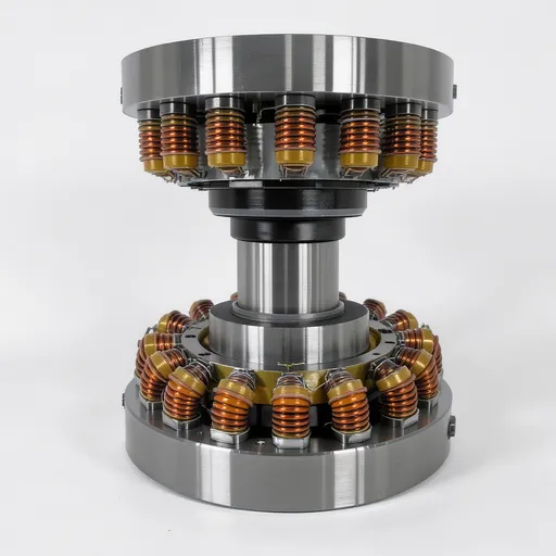Prompt: An inverted axial flux stator with 9 coils around it 50 mm in diameter and a 63.5 diameter shaft opening 6 magnets above and below in push pull configuration 