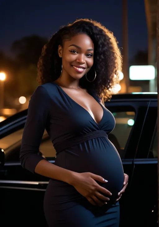 Prompt: A  3 months pregnant black woman sneaking out of her house at night standing by the car with a smirk smile