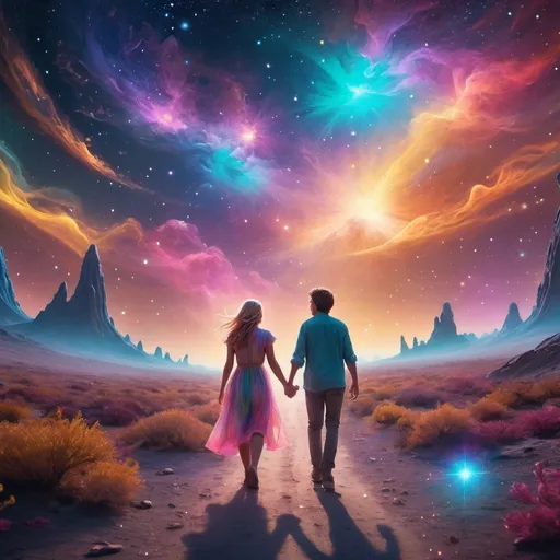 Prompt: (Rylee and Milo holding hands), walking through a cosmic landscape, (colorful nebulae and stars swirling around them), dreamlike and ethereal atmosphere, time distortion elements, shimmering light trails, (vibrant colors), (ultra-detailed) depiction, elements of fantasy and adventure, vast universe background, soft glows, whimsical mood, exploration theme, (4K resolution).