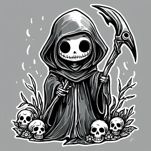 Prompt: <mymodel> cute toon grim reaper black and white 