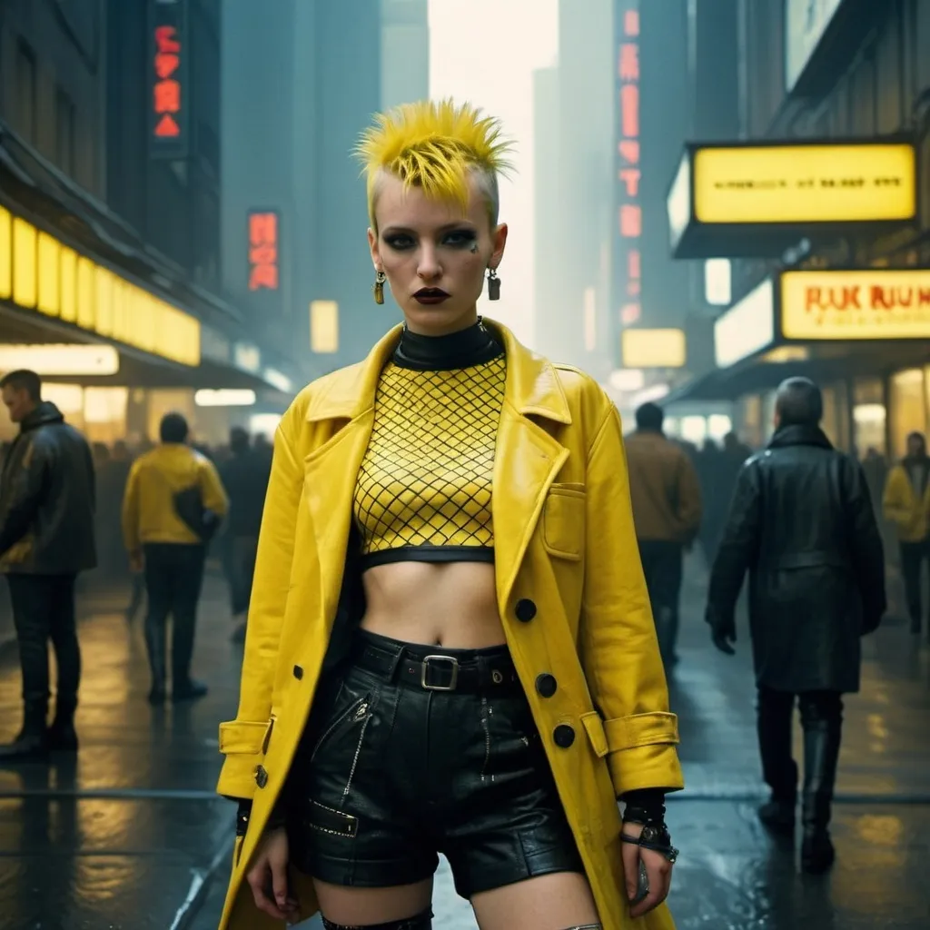 Prompt: Punk yellow outfit with squares in the city with interaction on blade runner