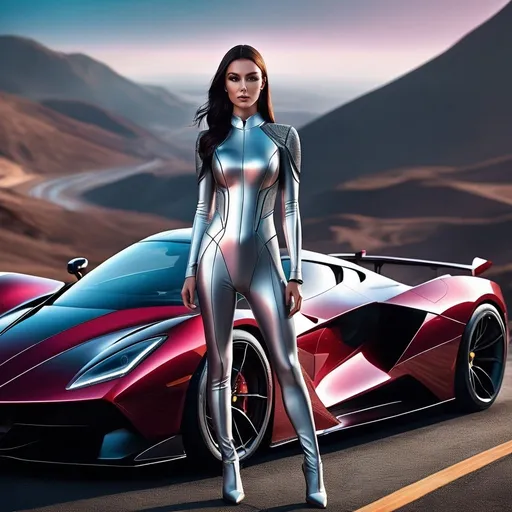 Prompt: Ultra-realistic Concept art, impeccable beautiful perfect alien woman in a tight-fitting jumpsuit, ((+fantastic sports car)), evil stile, expressive difficult, full-length, superslim, supertall, very long slender legs, platinum-ashy-burgundy hair, (highly detailed face), pale skin, (background alien mysterious landscape), epic, intricate artwork masterpiece, the depth of field kinophoto lens, photography, cinematography, soft bokeh, Ultra-realistic rendering, ultra-thin textures, intricate details, beautifully shot, hyperrealistic, sharp focus, 64 megapixels, impeccable perfect composition, high contrast, cinematic, atmospheric, moody, 16k UHD, HDR,