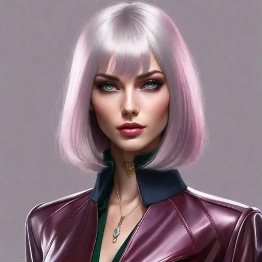 Prompt:  Ultra-realistic portrait, medium shot, Charming yong Femme Fatale, Chic evil stile, perfect impeccable beautiful amazing and sultry, superslim, supertall, (thick ashy-pink-burgundy-violet shiny luminous hair), Bob Cut, expressive soulful gaze, highly detailed perfect darkgreen-darkblue eyes, (pupils clearly defined, whites white), Full plump velvet Cupid’s Bow Lips, Matte Lipstick, ((highly detailed face)), Natural Glamorous, Metallic and Glitter Makeup, realistic detailed fantastic magnificent face, facial symmetry, (fine-tuning skin tones and textures), trending on artstation, soft volumetric cinematic perfect light, ((Dinamic Background)), jewelry, (Photorealism, Ultra-Realism, Extremely High Detailed:1.3), (Best Type of Lighting for Subject:1.1), kinophoto lens, 16k UHD, HDR,