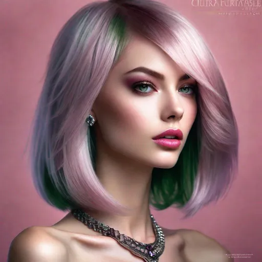 Prompt:  Ultra-realistic portrait, medium shot, Charming yong Femme Fatale, Chic evil stile, perfect impeccable beautiful amazing and sultry, superslim, supertall, (thick ashy-pink-burgundy-violet shiny luminous hair), Bob Cut, expressive soulful gaze, highly detailed perfect darkgreen-darkblue eyes, (pupils clearly defined, whites white), Full plump velvet Cupid’s Bow Lips, Matte Lipstick, ((highly detailed face)), Natural Glamorous, Metallic and Glitter Makeup, realistic detailed fantastic magnificent face, facial symmetry, (fine-tuning skin tones and textures), trending on artstation, soft volumetric cinematic perfect light, ((Dinamic Background)), jewelry, (Photorealism, Ultra-Realism, Extremely High Detailed:1.3), (Best Type of Lighting for Subject:1.1), kinophoto lens, 16k UHD, HDR,