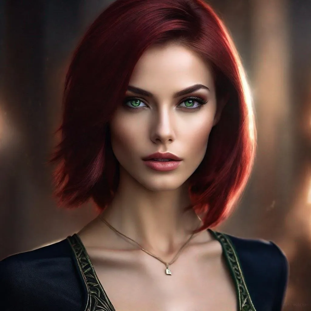 Prompt:  Ultra-realistic portrait, medium shot, Charming yong Slavic Femme Fatale, Chic evil stile, perfect impeccable beautiful amazing and sultry, superslim, supertall, (thick browny-burgundy shiny luminous hair), Bob Cut, expressive soulful gaze, highly detailed perfect darkgreen-darkblue eyes, (pupils clearly defined, whites white), Full plump velvet Cupid’s Bow Lips, Matte Lipstick, ((highly detailed face)), Natural Glamorous, Metallic and Glitter Makeup, realistic detailed fantastic magnificent face, facial symmetry, (fine-tuning skin tones and textures), trending on artstation, soft volumetric cinematic perfect light, ((Dinamic Background)), (Photorealism, Ultra-Realism, Extremely High Detailed:1.3), (Best Type of Lighting for Subject:1.1), kinophoto lens, 16k UHD, HDR,