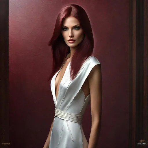 Prompt:  Ultra-realistic portrait, medium shot, Charming yong Slavic Femme Fatale, Chic evil stile, perfect impeccable beautiful amazing and sultry, superslim, supertall, (thick browny-burgundy shiny luminous hair), Bob Cut, expressive soulful gaze, highly detailed perfect darkgreen-darkblue eyes, (pupils clearly defined, whites white), Full plump velvet Cupid’s Bow Lips, Matte Lipstick, ((highly detailed face)), Natural Glamorous, Metallic and Glitter Makeup, realistic detailed fantastic magnificent face, facial symmetry, (fine-tuning skin tones and textures), trending on artstation, soft volumetric cinematic perfect light, ((Dinamic Background)), (Photorealism, Ultra-Realism, Extremely High Detailed:1.3), (Best Type of Lighting for Subject:1.1), kinophoto lens, 16k UHD, HDR,