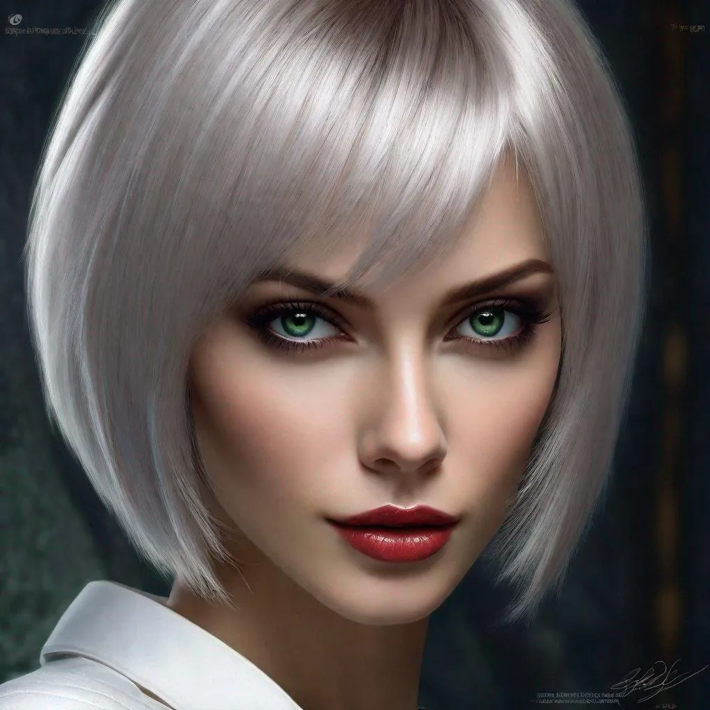 Prompt:  Ultra-realistic portrait, medium shot, Charming yong Slavic Femme Fatale, Chic evil stile, perfect impeccable beautiful amazing and sultry, superslim, supertall, (thick browny-burgundy shiny luminous hair), Bob Cut, expressive soulful gaze, highly detailed perfect darkgreen-darkblue eyes, (pupils clearly defined, whites white), Full plump velvet Cupid’s Bow Lips, Matte Lipstick, ((highly detailed face)), Natural Glamorous, Metallic and Glitter Makeup, realistic detailed fantastic magnificent face, facial symmetry, (fine-tuning skin tones and textures), trending on artstation, soft volumetric cinematic perfect light, ((Dinamic Background)), (Photorealism, Ultra-Realism, Extremely High Detailed:1.3), (Best Type of Lighting for Subject:1.1), kinophoto lens, 16k UHD, HDR,