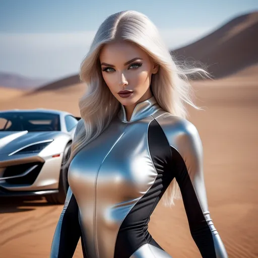 Prompt: Ultra-realistic Concept of perfect impeccable beautiful alien woman, dressed in a tight-fitting ((jumpsuit titanum surfer)), evil stile, full-length, ((superslim, supertall)), very long slender legs, plump velvet lips, (highly detailed eyes), platinum-ashy hair, (highly detailed face), sharp focus on the face, pale skin, fine-tuning skin tones and textures, ultra high quality model, epic, ((She is standing near a fantastic sports car)), background amazingly alien mysterious landscape, impeccable composition, hyperrealism, intricate artwork masterpiece, the depth of field kinophoto lens, photography, cinematography, soft bokeh, Ultra-realistic rendering. SSAO. ultra-thin textures, 16k UHD, HDR,