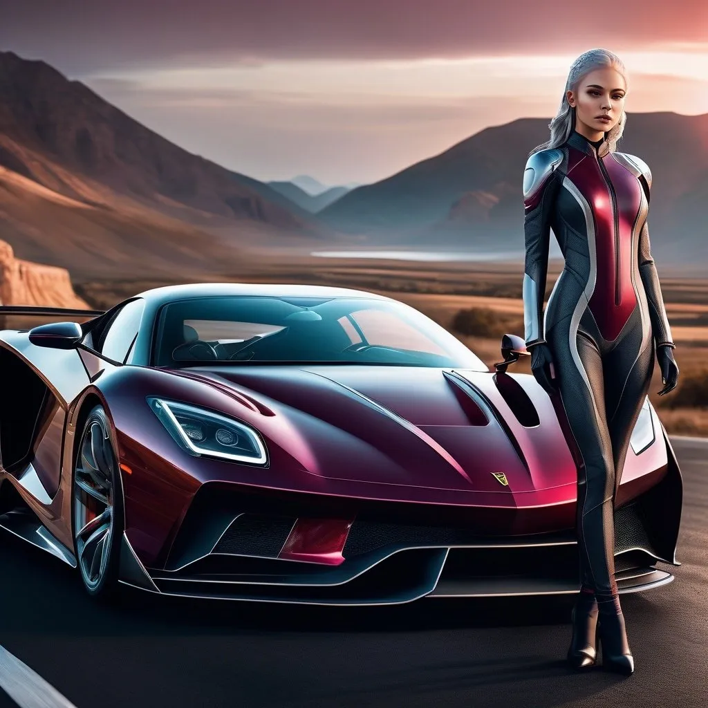 Prompt: Ultra-realistic Concept art, impeccable beautiful perfect alien woman in a tight-fitting jumpsuit, ((+fantastic sports car)), evil stile, expressive difficult, full-length, superslim, supertall, very long slender legs, platinum-ashy-burgundy hair, (highly detailed face), pale skin, (background alien mysterious landscape), epic, intricate artwork masterpiece, the depth of field kinophoto lens, photography, cinematography, soft bokeh, Ultra-realistic rendering, ultra-thin textures, intricate details, beautifully shot, hyperrealistic, sharp focus, 64 megapixels, impeccable perfect composition, high contrast, cinematic, atmospheric, moody, 16k UHD, HDR,