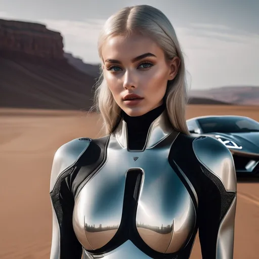 Prompt: Ultra-realistic Concept of perfect impeccable beautiful alien woman, dressed in a tight-fitting ((jumpsuit titanum surfer)), evil stile, full-length, ((superslim, supertall)), very long slender legs, plump velvet lips, (highly detailed eyes), platinum-ashy hair, (highly detailed face), sharp focus on the face, pale skin, fine-tuning skin tones and textures, ultra high quality model, epic, ((She is standing near a fantastic sports car)), background amazingly alien mysterious landscape, impeccable composition, hyperrealism, intricate artwork masterpiece, the depth of field kinophoto lens, photography, cinematography, soft bokeh, Ultra-realistic rendering. SSAO. ultra-thin textures, 16k UHD, HDR,