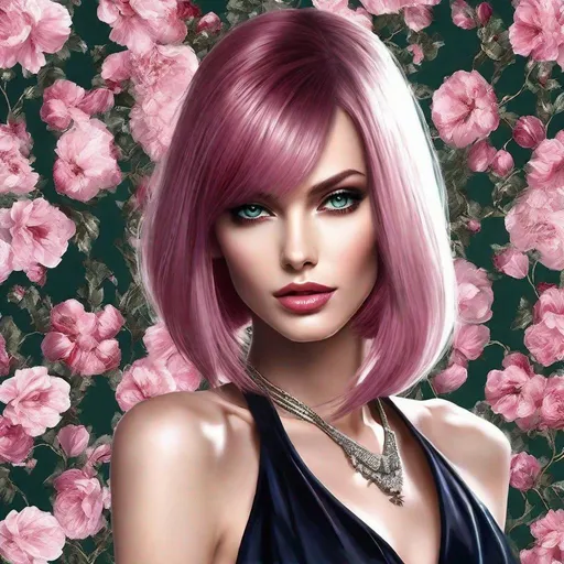 Prompt:  Ultra-realistic portrait, medium shot, Charming yong Femme Fatale, Chic evil stile, perfect impeccable beautiful amazing and sultry, superslim, supertall, (thick ashy-pink-burgundy shiny luminous hair), Bob Cut, expressive soulful gaze, highly detailed perfect darkgreen-darkblue eyes, (pupils clearly defined, whites white), Full plump velvet Cupid’s Bow Lips, Matte Lipstick, ((highly detailed face)), Natural Glamorous, Metallic and Glitter Makeup, realistic detailed fantastic magnificent face, facial symmetry, (fine-tuning skin tones and textures), trending on artstation, soft volumetric cinematic perfect light, ((Dinamic Background)), (Photorealism, Ultra-Realism, Extremely High Detailed:1.3), (Best Type of Lighting for Subject:1.1), kinophoto lens, 16k UHD, HDR,