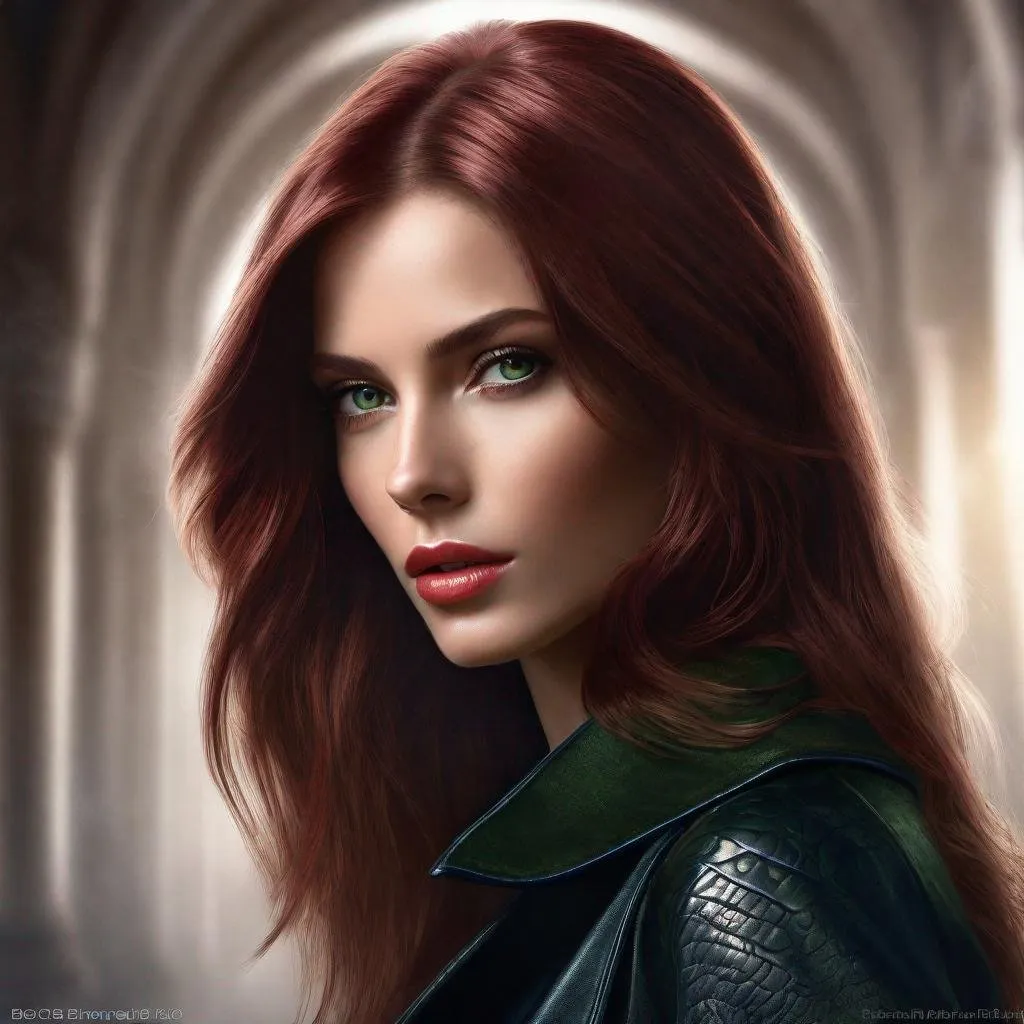 Prompt:  Ultra-realistic portrait, medium shot, Charming yong Slavic Femme Fatale, Chic evil stile, perfect impeccable beautiful amazing and sultry, superslim, supertall, (thick browny-burgundy shiny luminous hair), Bob Cut, expressive soulful gaze, highly detailed perfect darkgreen-darkblue eyes, (pupils clearly defined, whites white), Full plump velvet Cupid’s Bow Lips, Matte Lipstick, ((highly detailed face)), Natural Glamorous, Metallic and Glitter Makeup, realistic detailed fantastic magnificent face, facial symmetry, (fine-tuning skin tones and textures), trending on artstation, soft volumetric cinematic perfect light, ((Dinamic Background)), (Photorealism, Ultra-Realism, Extremely High Detailed:1.3), (Best Type of Lighting for Subject:1.1), kinophoto lens, 16k UHD, HDR,