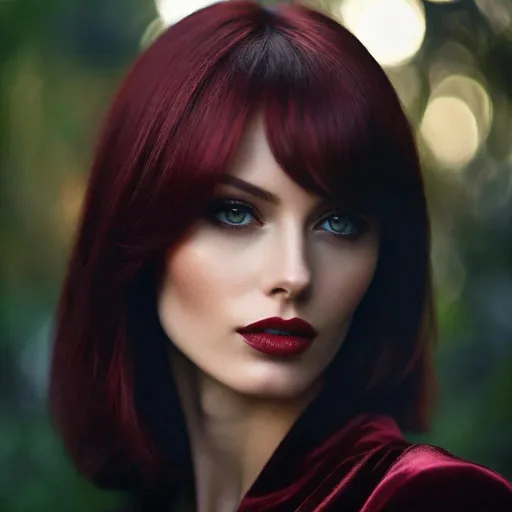 Prompt:  Ultra-realistic portrait, medium shot, Charming yong Slavic Femme Fatale, Chic evil stile, perfect impeccable beautiful amazing and sultry, superslim, supertall, (thick burgundy-red shiny luminous hair), Bob Cut, expressive soulful gaze, highly detailed perfect darkgreen-darkblue eyes, (pupils clearly defined, whites white), Full plump velvet Cupid’s Bow Lips, Matte Lipstick, ((highly detailed face)), Natural Glamorous, Metallic and Glitter Makeup, realistic detailed fantastic magnificent face, facial symmetry, (fine-tuning skin tones and textures), trending on artstation, soft volumetric cinematic perfect light, ((Dinamic Background)), (Photorealism, Ultra-Realism, Extremely High Detailed:1.3), (Best Type of Lighting for Subject:1.1), kinophoto lens, 16k UHD, HDR,