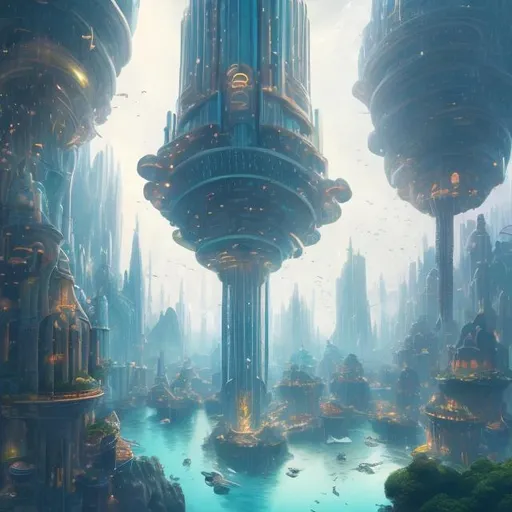 Prompt:  fantasy utopian city with people, water, buildings, things flying in the air