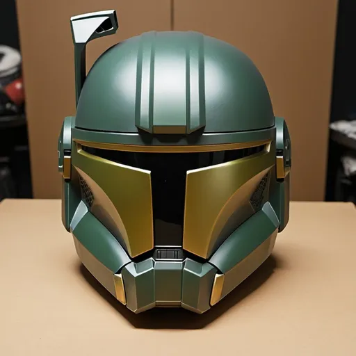 Prompt: Create a mix of the Master Chief helmet with the Mandalorian helmet. Keep the t-shaped visor of the Mandalorian helmet. Keep the visor bill from the Master Chief helmet. Make the visor gold. Make the Make the helmet army green. 