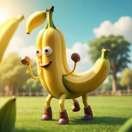 Prompt: (Banana with four legs like a horse), whimsical, surreal, vibrant colors, playful, dreamlike atmosphere, sunny, grassy field background, warm tones, cartoon style, imaginative, funny, 4K, ultra-detailed, HD, soft shadows, dynamic composition, vivid highlights, cheerful mood